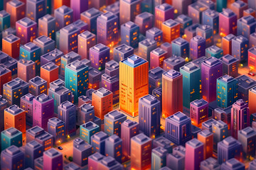 Obraz premium A colorful blocky cityscape with diverse architecture, Colorful low-poly city skyline, aerial view. 