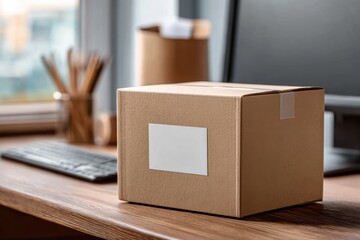Brown cardboard box with blank label on wooden desk in office setting.
