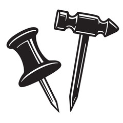 Black and white vector illustration of hammer and push pin office supplies