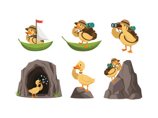 Adventure Duck's Journey: An adventurous duck, equipped with a backpack, navigates diverse terrains, sailing on a leaf, exploring caves, and conquering mountains.