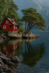 Obraz premium Serene lakeside cabin surrounded by mountains and trees at dawn