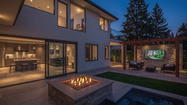 Luxury modern home exterior night scene featuring fire pit outdoor living area illuminated kitchen and entertainment space