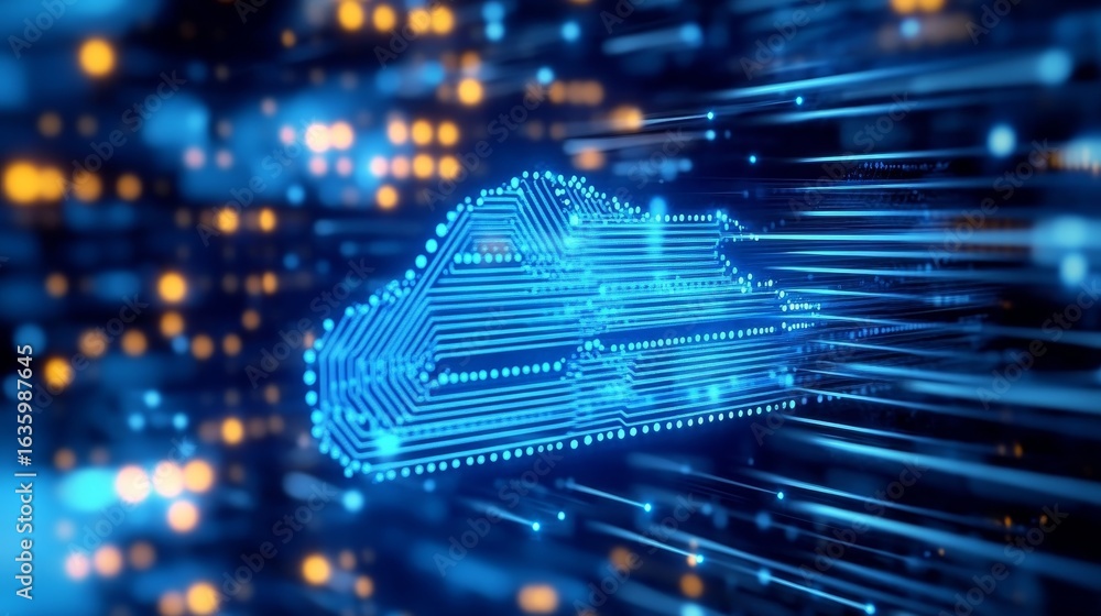 Poster futuristic cloud computing technology network with global connectivity and cybersecurity innovations