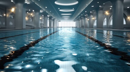 Obraz premium A serene indoor swimming pool with shimmering water and modern architecture, highlighted by ambient lighting and spacious design.