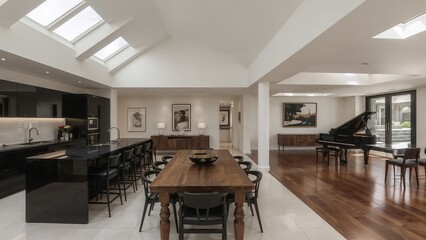 Luxury open concept interior design featuring dining area kitchen and grand piano in a modern home