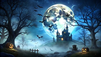 Fototapeta premium A haunted castle looms under a giant full moon on a spooky halloween night, surrounded by gnarled trees, fog, bats, and glowing pumpkins, creating a chilling and mysterious atmosphere