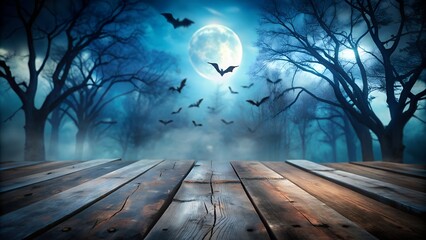 Wooden planks in a spooky forest at night with bats flying under a full moon and fog, setting a mysterious and eerie halloween scene