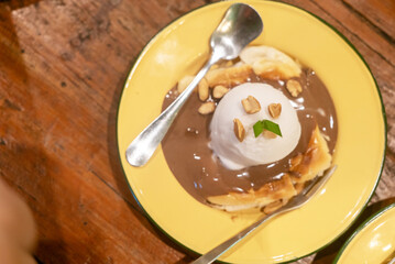 Dessert with Ice Cream and Chocolate Sauce