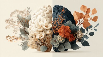 Mental health vector illustration with human brain and flowers in flat minimal design