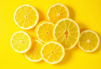 Sunlit, juicy lemon slices arranged artfully on a bright yellow backdrop,   close up,  refreshment