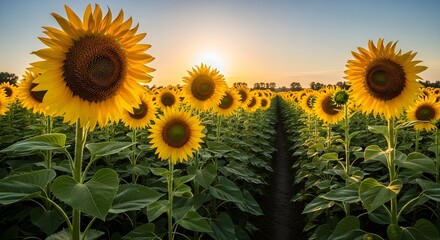 Fototapeta premium A vibrant field of sunflowers stretches towards the horizon as the sun sets in the distance