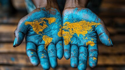 African American Woman Hands with World Map Painting, Realistic Close-Up Portrait
