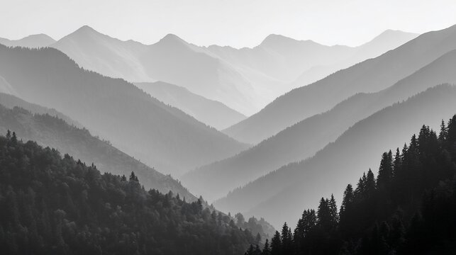 Mountain Ridges Silhouetted in Misty Valley, a Black and White Landscape