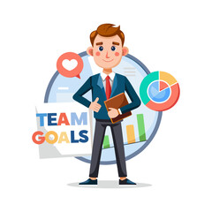 Confident Manager Holding Team Goals Chart for Business Success, Leadership Presentation, Strategy Planning and Corporate Motivation Illustration