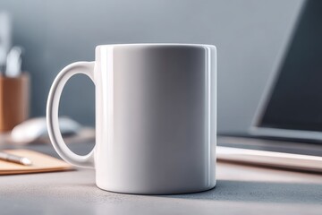 Close-up of a blank white ceramic coffee mug on a modern office desk.