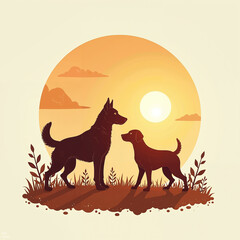 Two dogs enjoying sunset view with silhouette and warm colors on natural landscape background