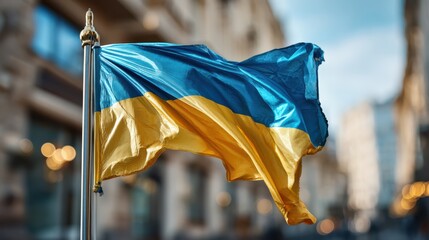 A vibrant Ukrainian flag waving in the breeze, showcasing bright blue and yellow colors against a blurred urban backdrop.