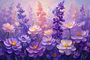 A closeup of purple flowers blooming against a soft blue sky