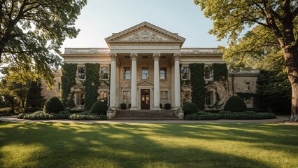 Naklejka premium Magnificent mansion estate with classical architecture lush green lawn and surrounding trees under a bright sunny sky