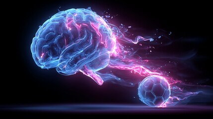 Neon glowing brain kicking soccer ball with dynamic motion trails, energetic mental health metaphor