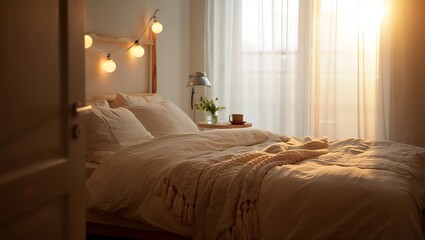 Cozy Bedroom Interior with Sunlight Streaming Through Curtains and Comfortable Bed with Throw Blanket inviting relaxation and peace