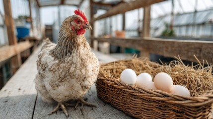 A speckled hen stands beside a basket of white eggs on a wooden table in a greenhouse. The setting emphasizes urban gardening and homegrown food.