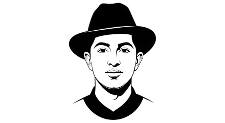 A black and white graphic illustration of Indian revolutionary and freedom fighter Udham Singh wearing a hat.