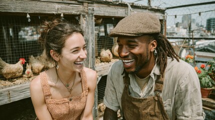A young woman with brown hair and a young African man with dreadlocks smile together in an urban garden with chickens in the background.