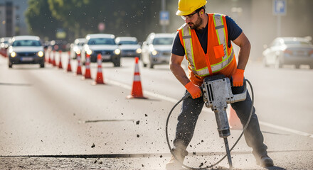 Construction worker jackhammering asphalt in dusty city daylight, creating dust and noise during demolition work. Construction worker is doing his job, breaking pavement for road repair,