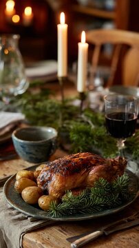 A mouthwatering roasted chicken served on a rustic plate alongside golden potatoes, creating a warm and inviting atmosphere perfect for a hearty meal.