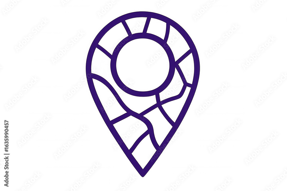 Poster purple map pin symbol displaying urban street grid, representing digital navigation and travel mappi