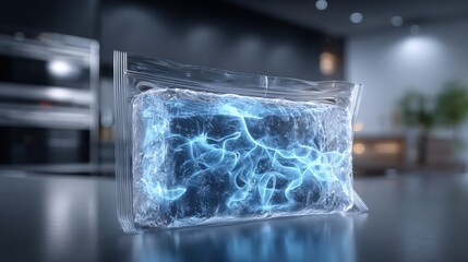 Floating carrot primer in a sous-vide pouch with aqua-blue ribbons in kitchen