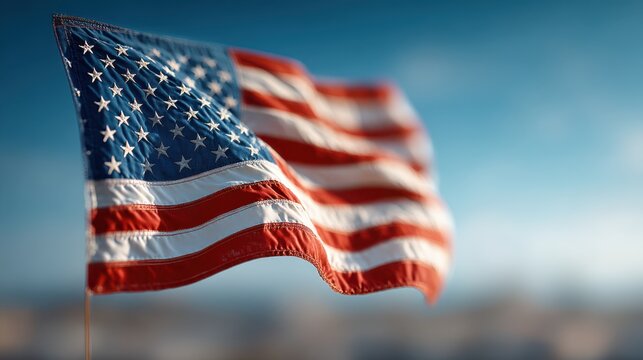 The image features a waving American flag against a blurred background, symbolizing patriotism and national pride.