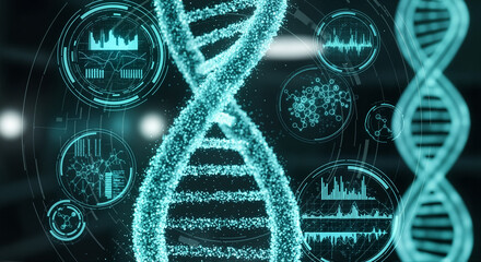 Detailed glowing DNA spiral rendered with particles against medical UI, emphasizing gene sequencing. DNA spiral and complex user interface elements represent scientific research, medical advancement,