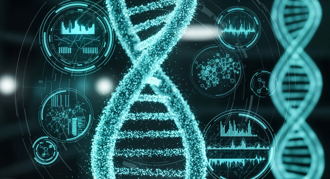 Detailed glowing DNA spiral rendered with particles against medical UI, emphasizing gene sequencing. DNA spiral and complex user interface elements represent scientific research, medical advancement, - Powered by Adobe