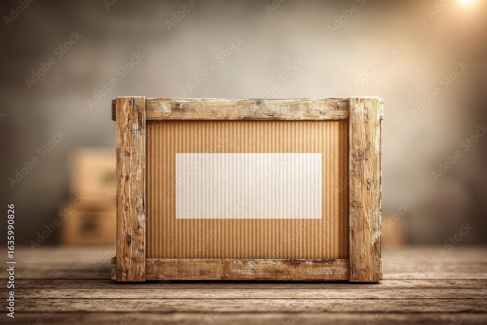 Poster rustic wooden crate with a blank label on a textured table, ideal for text.