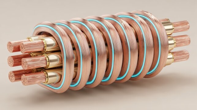 Groups of copper electrical cables created with neon-blue arcs for circuit distribution