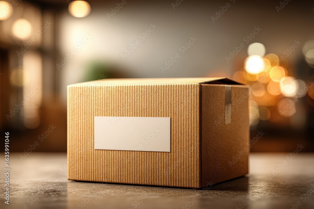 Poster empty brown cardboard delivery box with a blank white label and bokeh background.