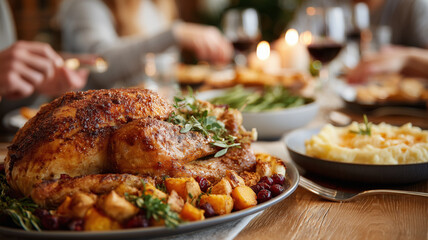 Roasted turkey with vegetables on a table, people on background