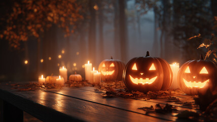 Spooky glowing halloween jack o lanthern pumpkins background wiyh copy space