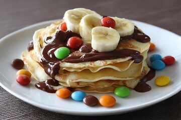 Tasty layered crepes with chocolate banana candy  
