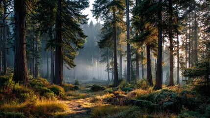 Fototapeta premium Sunlight filtering through trees in a misty forest landscape