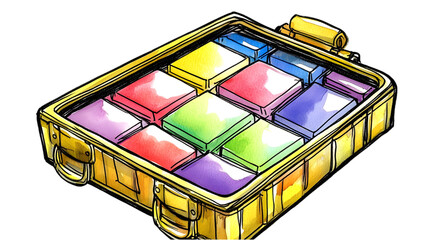 Organizing colorful art supplies creative studio illustration bright environment overhead view
