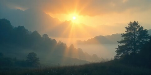 Fototapeta premium Ethereal Sunbeams Piercing Fog Magical Golden Light Illuminates a Surreal Landscape