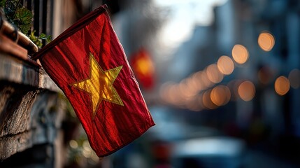 A vibrant Vietnamese flag with a yellow star hangs against a blurred backdrop of lights, symbolizing national pride and culture.