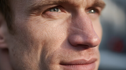 close-up portrait of a person looking ahead with a hopeful expression. The soft lighting and focus highlight the person's features, conveying a sense of introspection and optimism