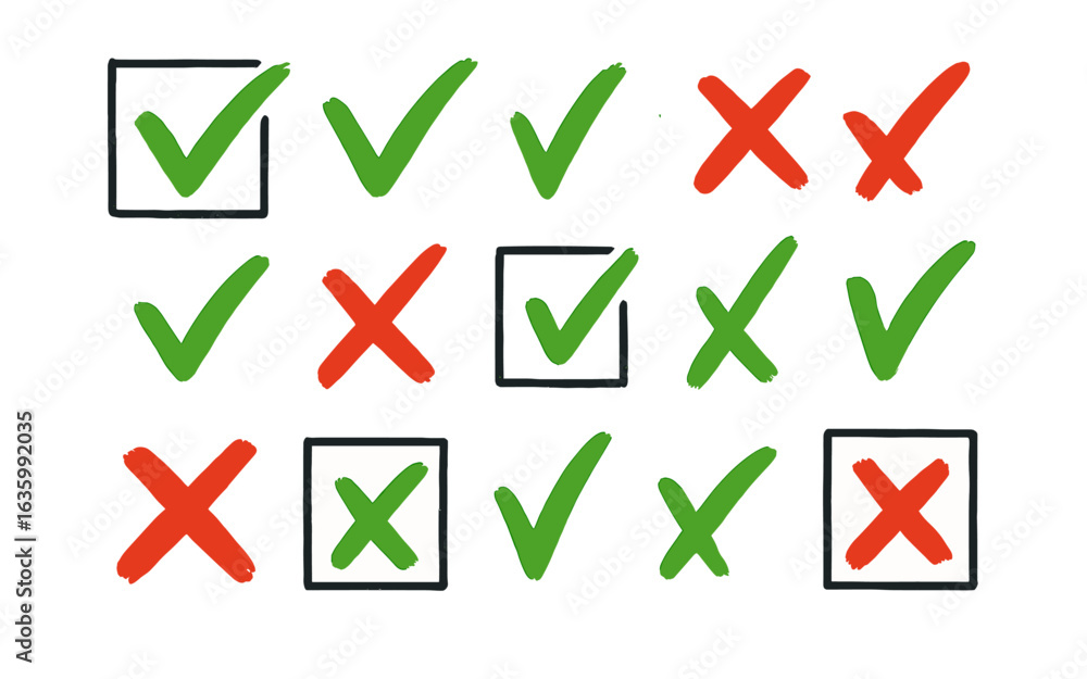 Poster hand-drawn green check marks and red crosses in grid layout with black outlined checkboxes on white 