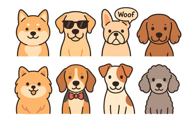 Fototapeta premium Set of eight cartoon dog portraits with different breeds and accessories on white background. Flat vector illustration in kawaii style. Dog breed icon collection.