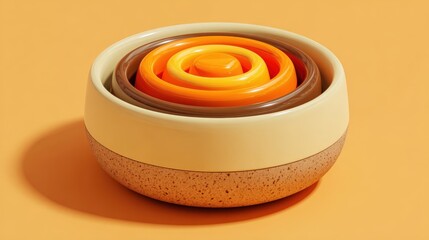 Stylized 3D bell pepper-ring prism in a ceramic slow cooker with amber halos