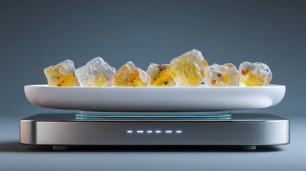 Clusters of sweetened breakfast cereal in a white dish on a kitchen scale